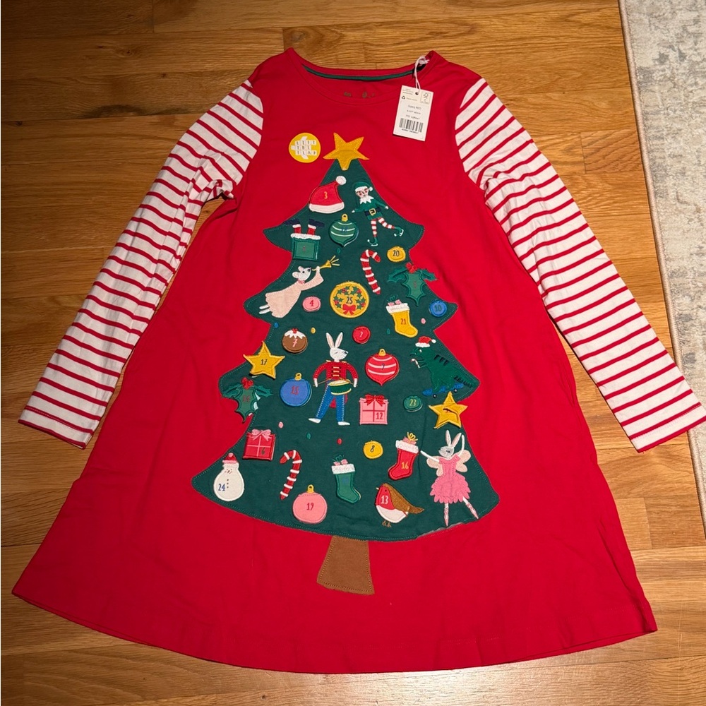 Mini Boden Lift the Flap Red Christmas Tree Appliqué Dress